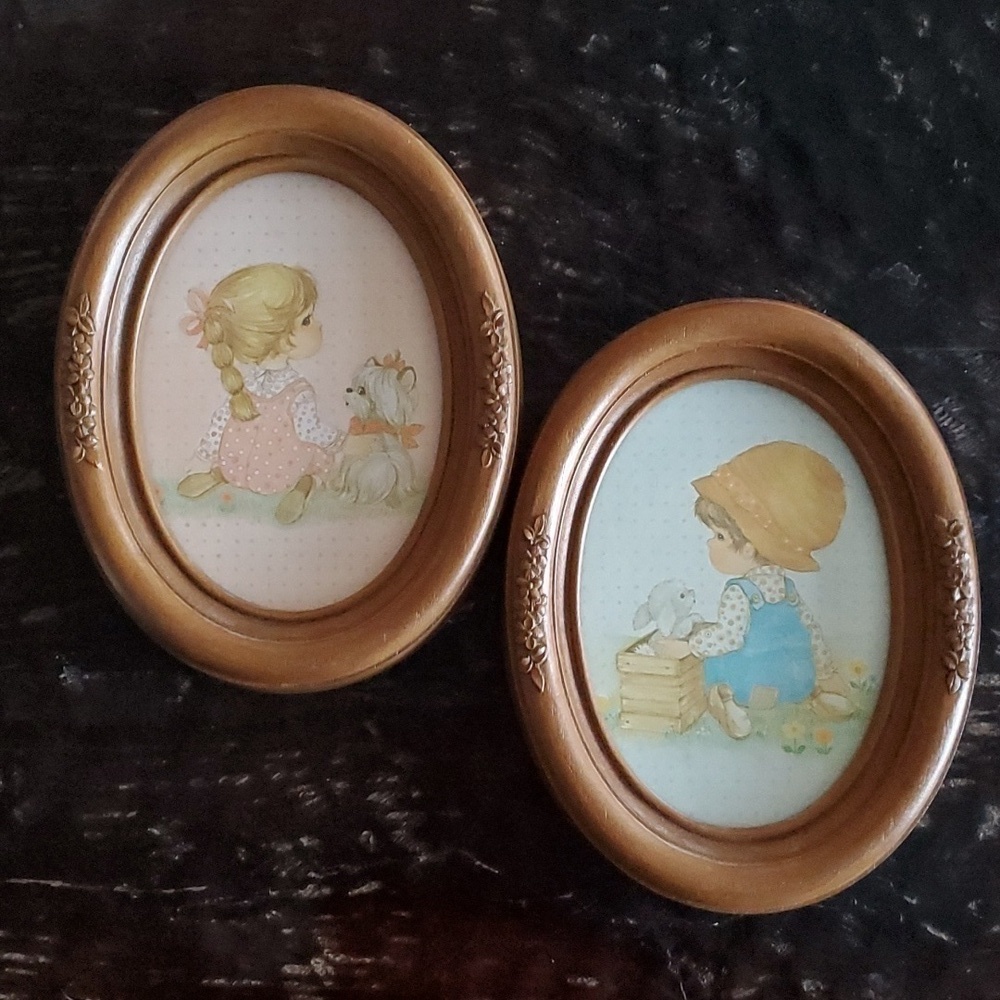 VINTAGE PAIR OF OVAL PORTRAITS BOY AND GIRL WALL DECOR PICTURES Puppies Overalls
